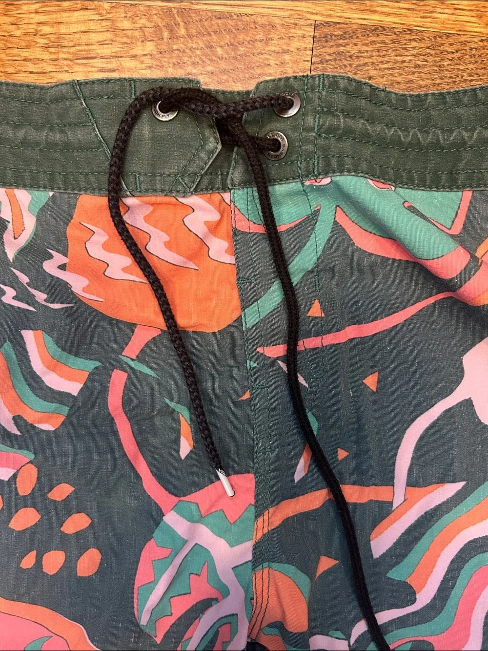 Volcom Dark Green Swim Shorts with Coral & Mint Tropical Print - Size 32